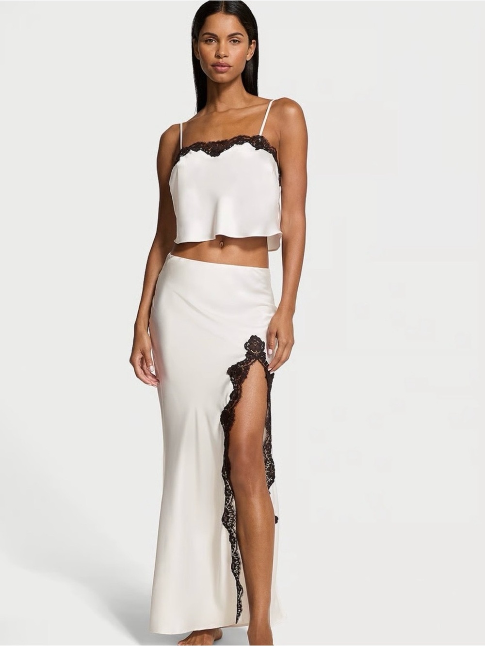 Victoria's Secret Ivory Cami & Maxi Slip with Black Lace Trim